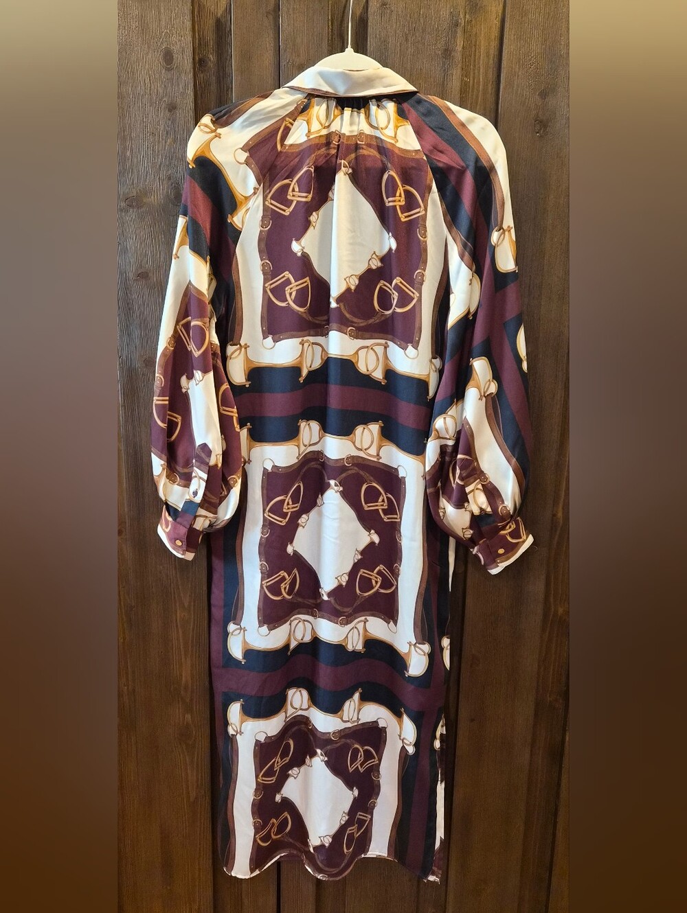 Ralph Lauren Maroon, Cream & Gold Equestrian-Print Long Sleeve Midi Dress - Picture 3 of 4